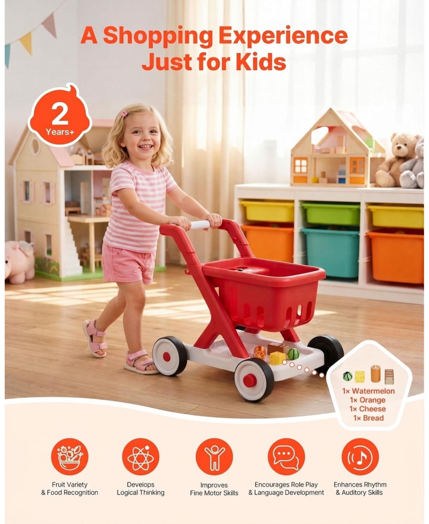 Детская игрушка HONGGE Scan and Sort Kids Shopping Cart with Pretend Food Light-Up Scanner and Adjustable Handle Ages 2 Plus, цвет: Красный — фото 9