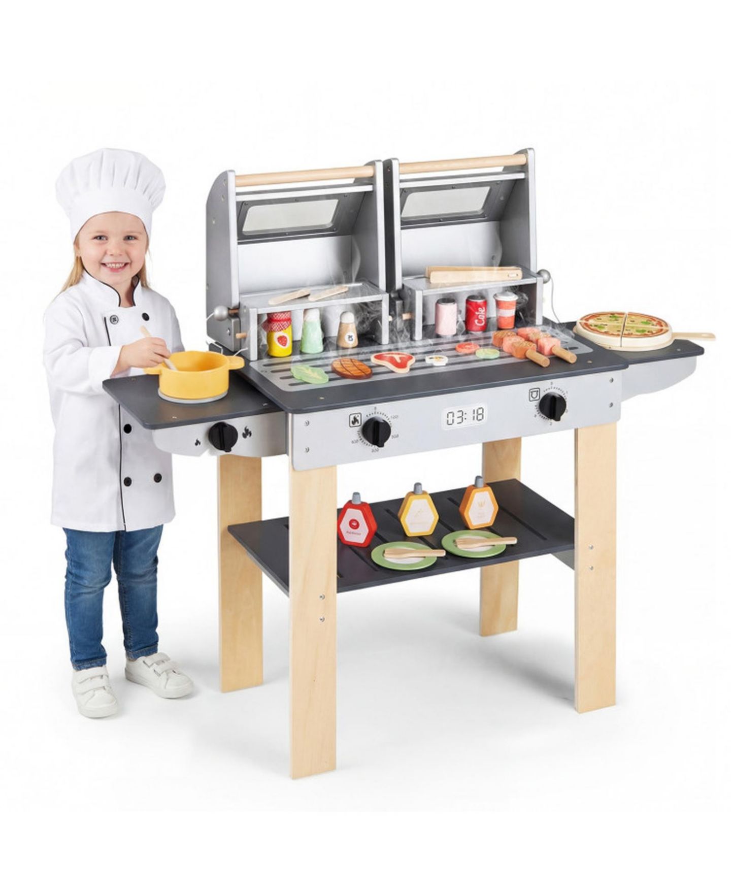 Детский игровой набор SUGIFT Wooden Barbecue Grill Playset with Grilling Tools and Play Food, Ages 3+, цвет: Серый — фото 11