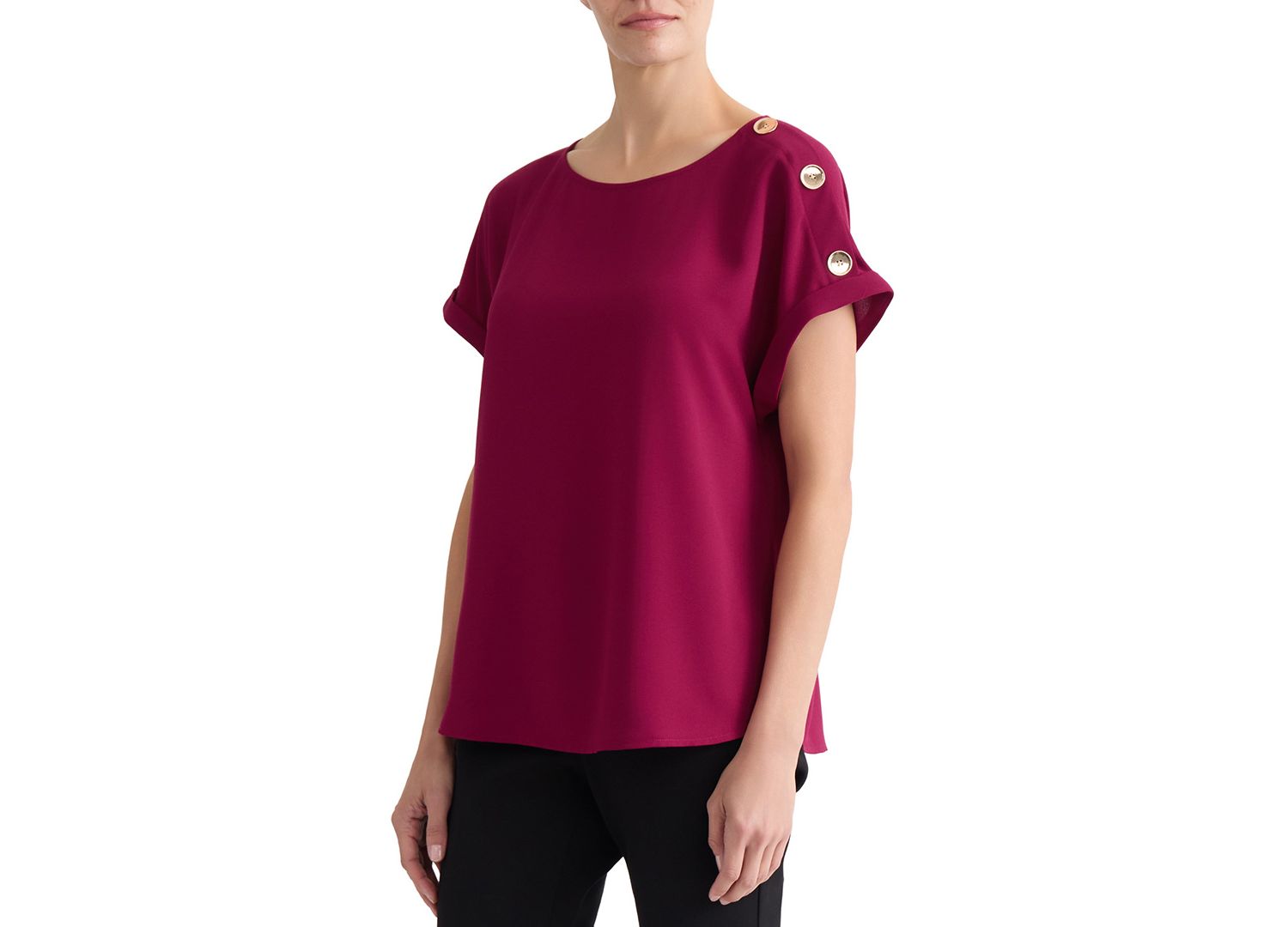 Petite Shoulder-Button-Detail Boat-Neck Short-Sleeve Blouse