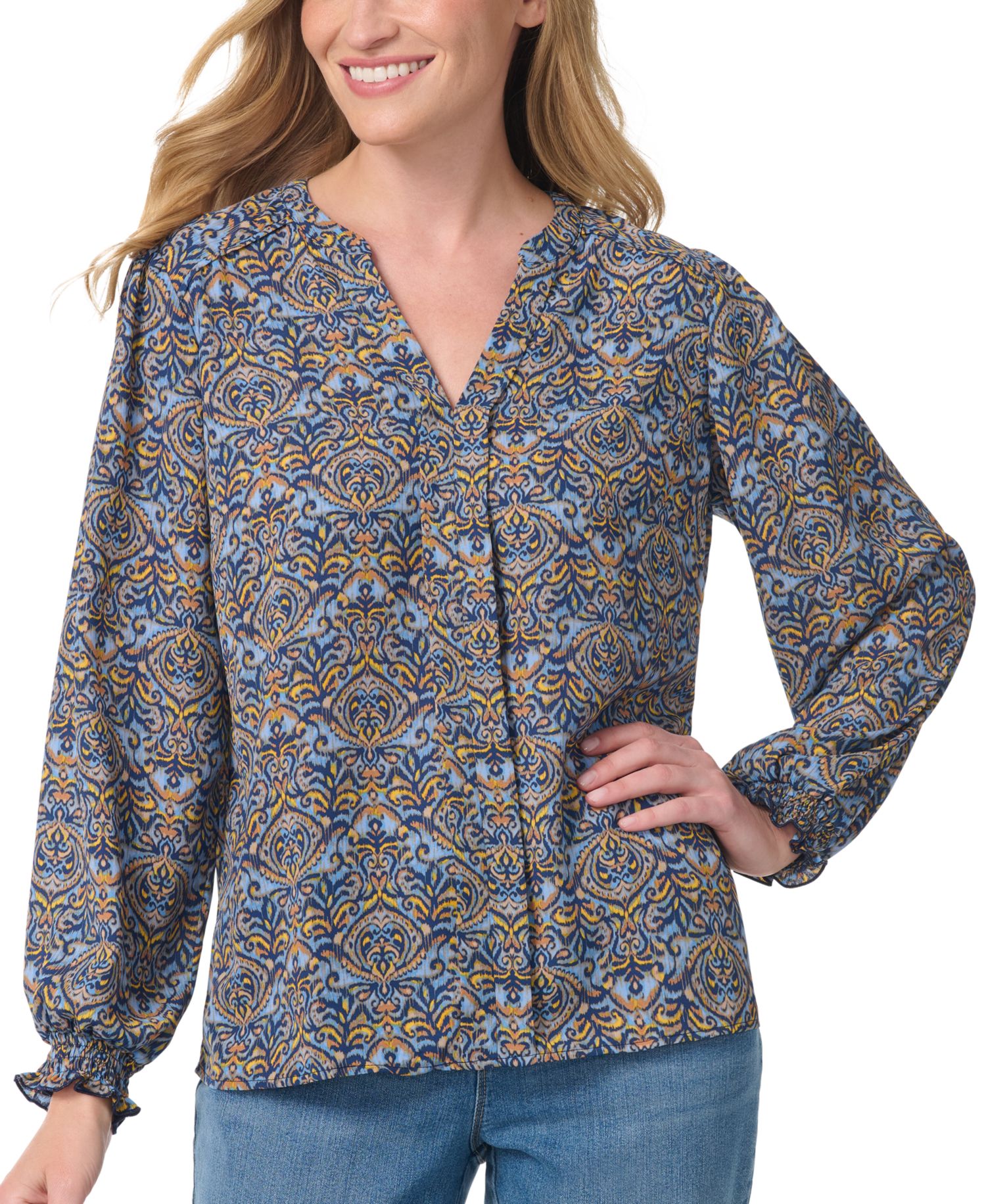 Women's V-Neck Long-Sleeve Bishop-Style Blouse