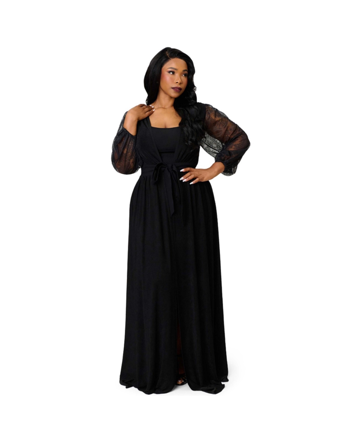 Unique Vintage Plus Size Billow Long Sleeved Hollywood Duster - Black solid