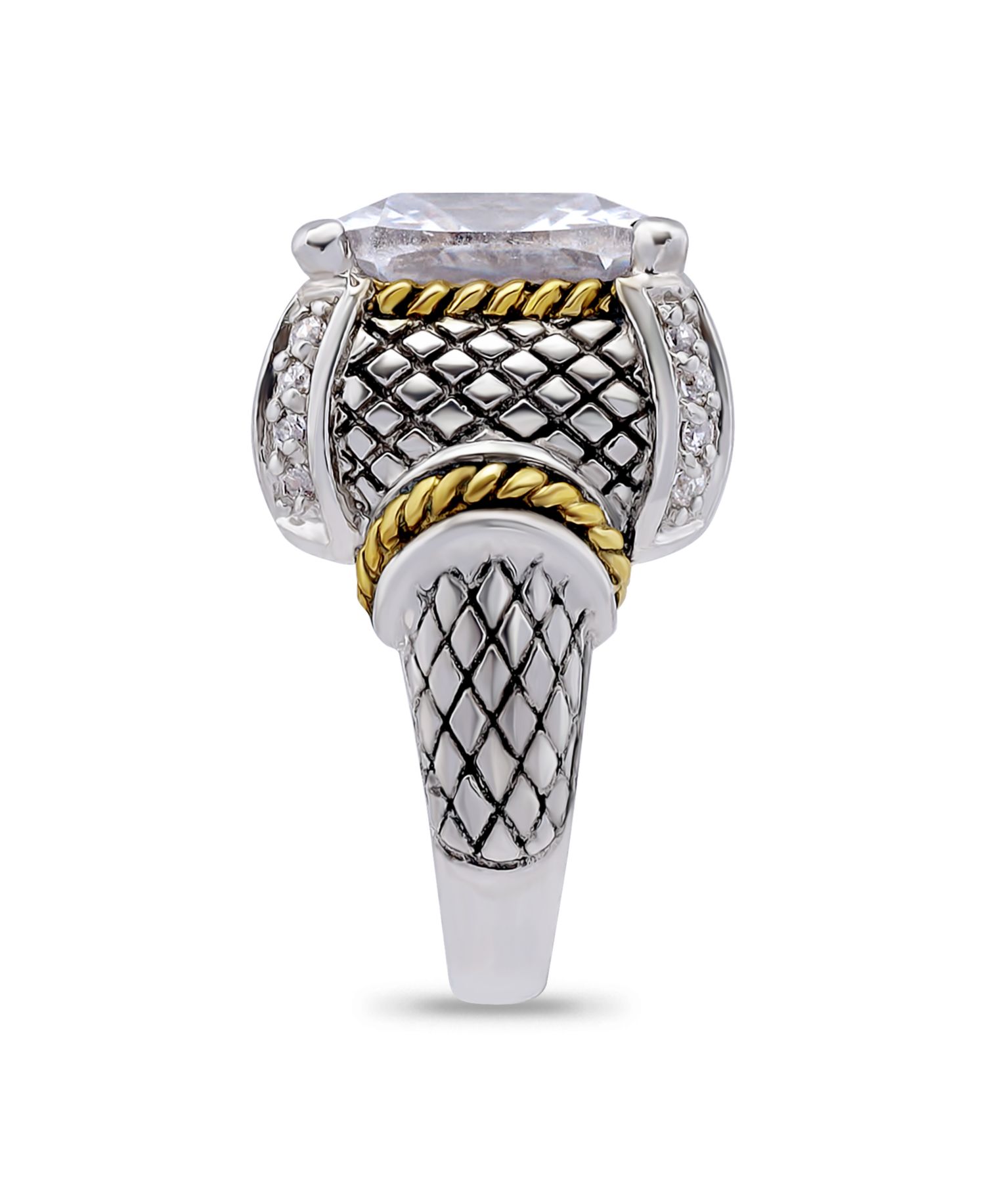 Two-Tone Cushion Cut Cubic Zirconia Oxidized Accents Statement Ring