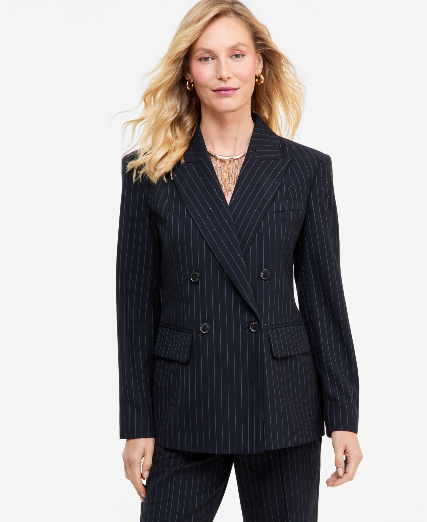Женский пиджак I.N.C. International Concepts Crystal Embellished Double-Breasted Pinstripe Blazer, цвет: Индиго ночной — фото 1