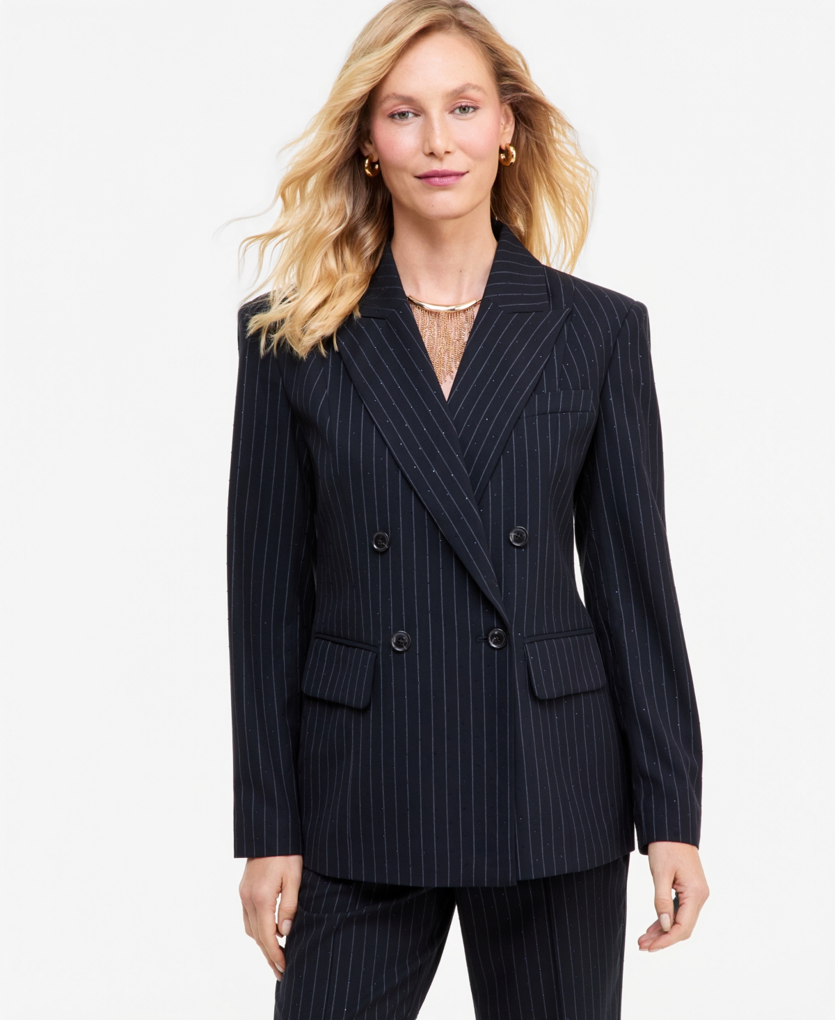 I.n.c. International Concepts Women's Crystal Embellished Double-Breasted Pinstripe Blazer, Macy's Exclusive
