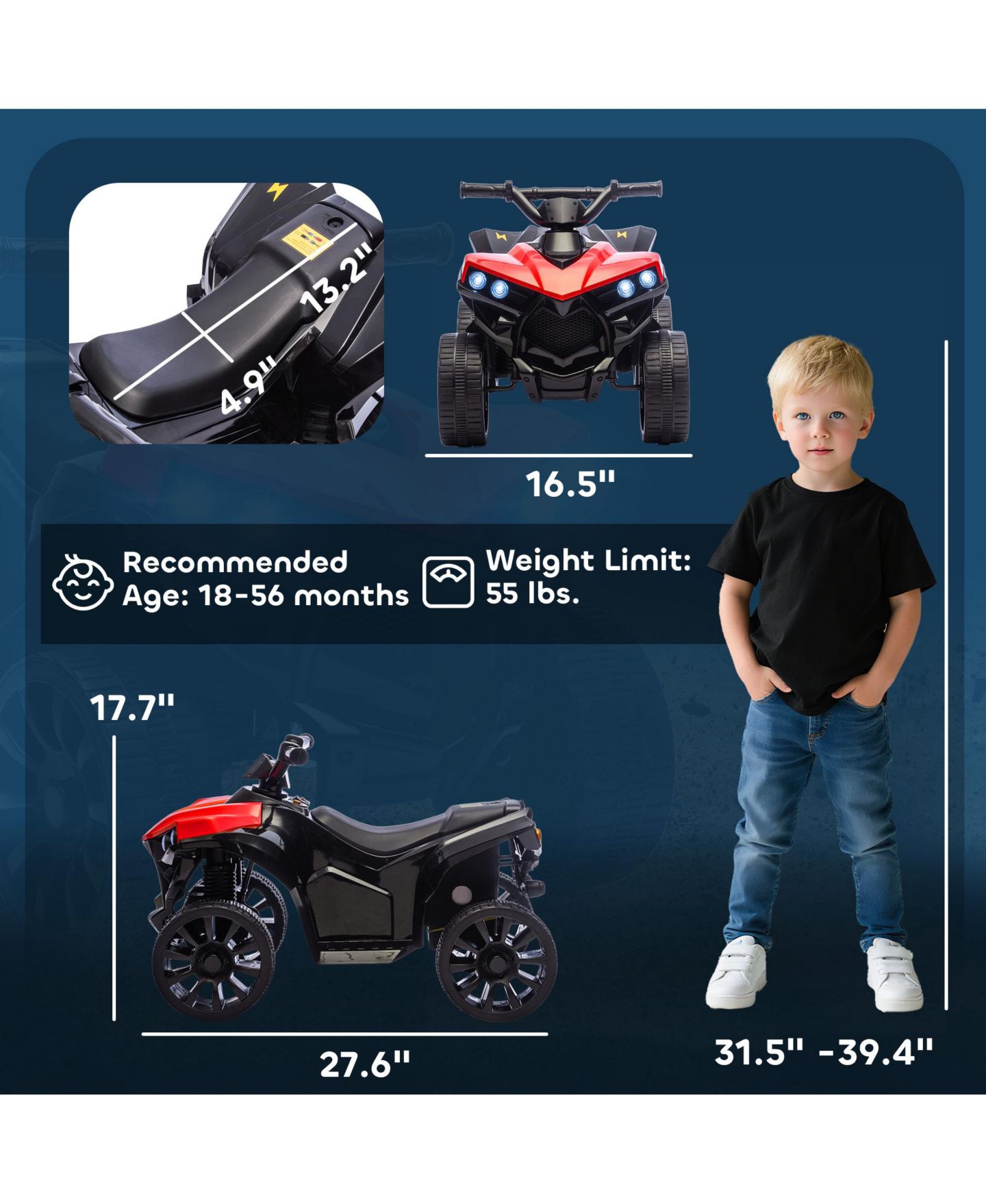 Детская игрушка Qaba Kids ATV 4 Wheeler 27.6"L x 16.5"W x 17.7"H 6V Electric Ride-On ATV, 55 lbs. Capacity, Ages 18-56 Months, цвет: Красный — фото 3