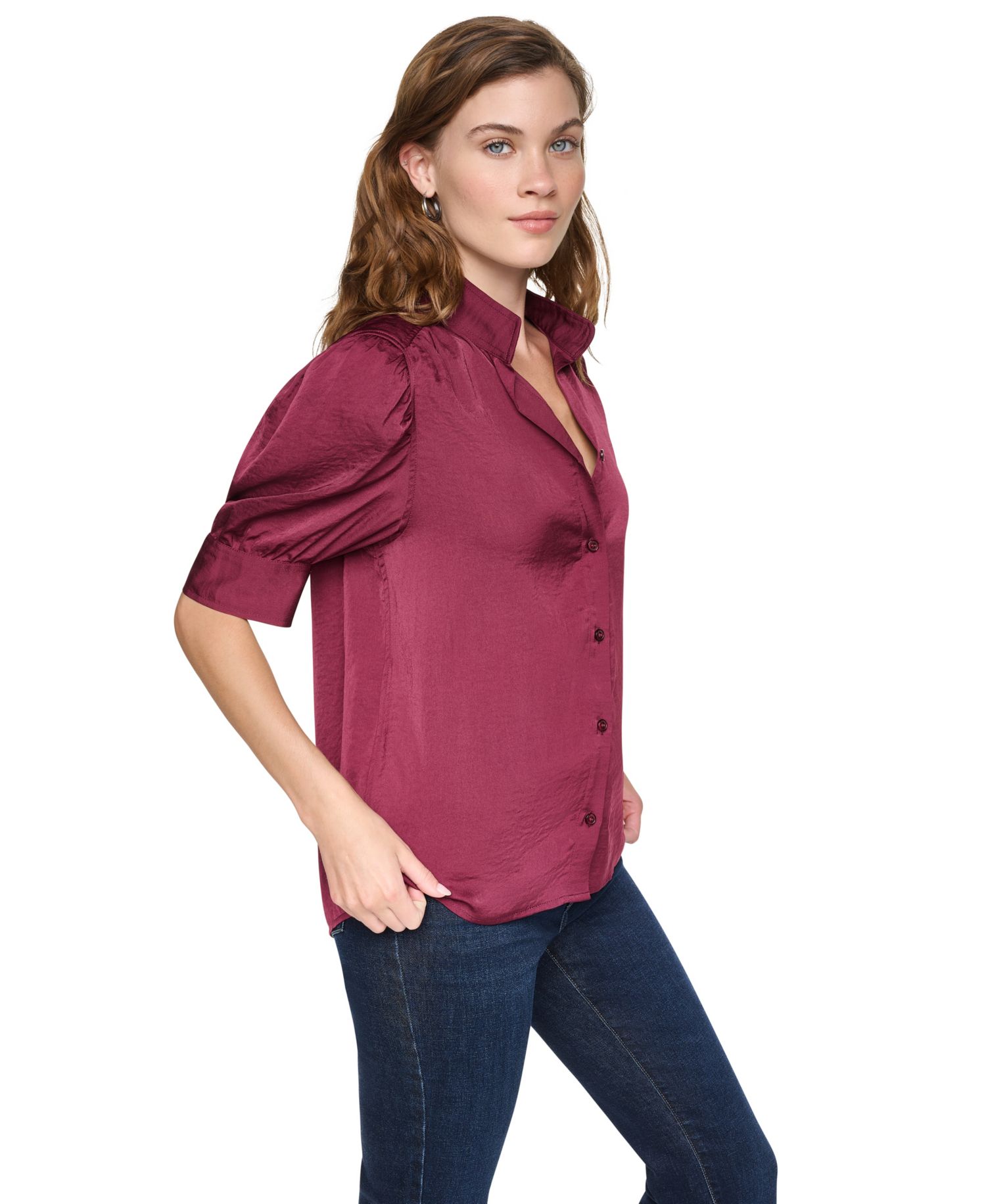 Women's Puff Sleeve Shirt With Stand Collar