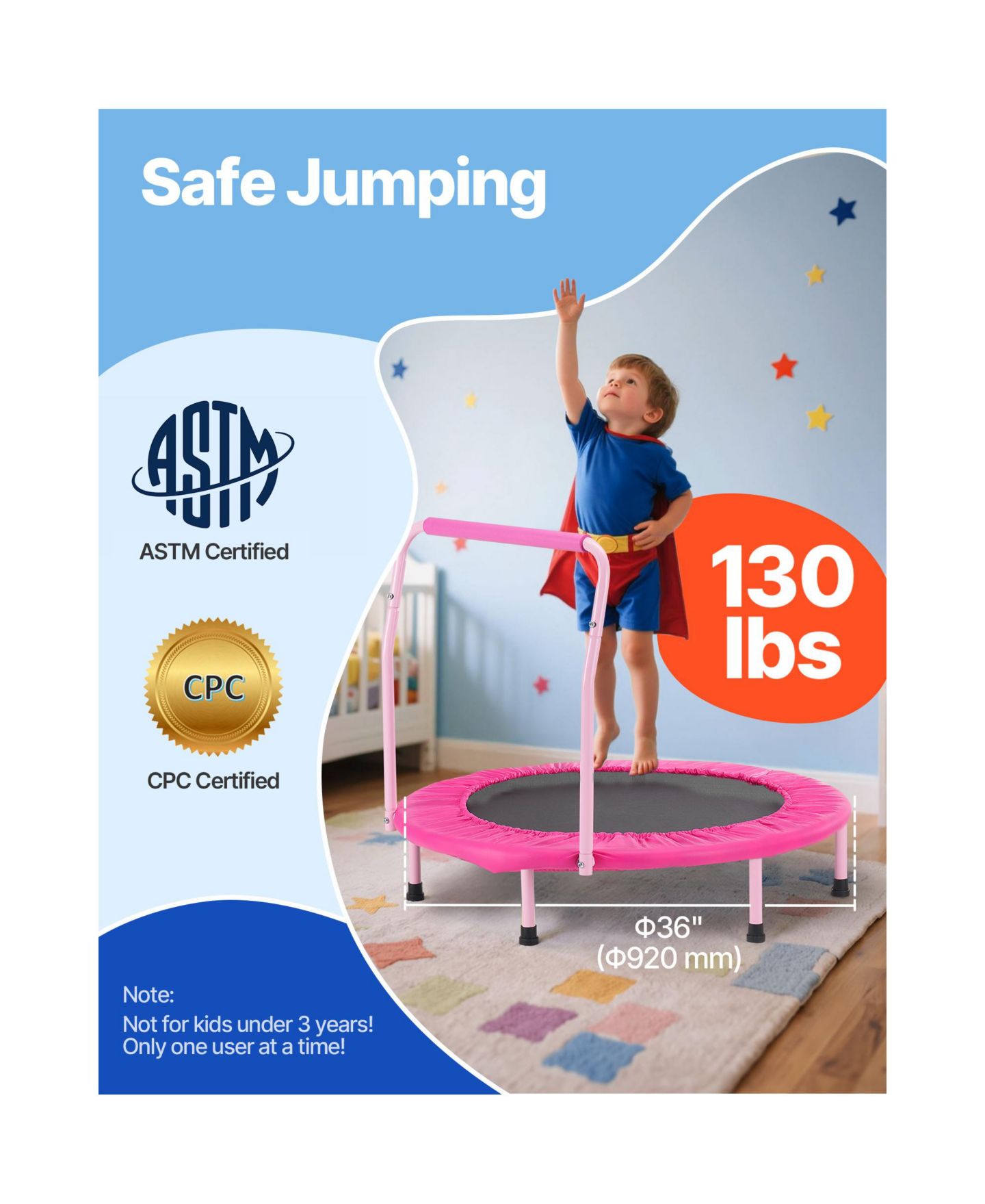 Детская игрушка HONGGE 36" Foldable Padded Handle Trampoline, Ages 3+, цвет: Нежно-розовый — фото 2