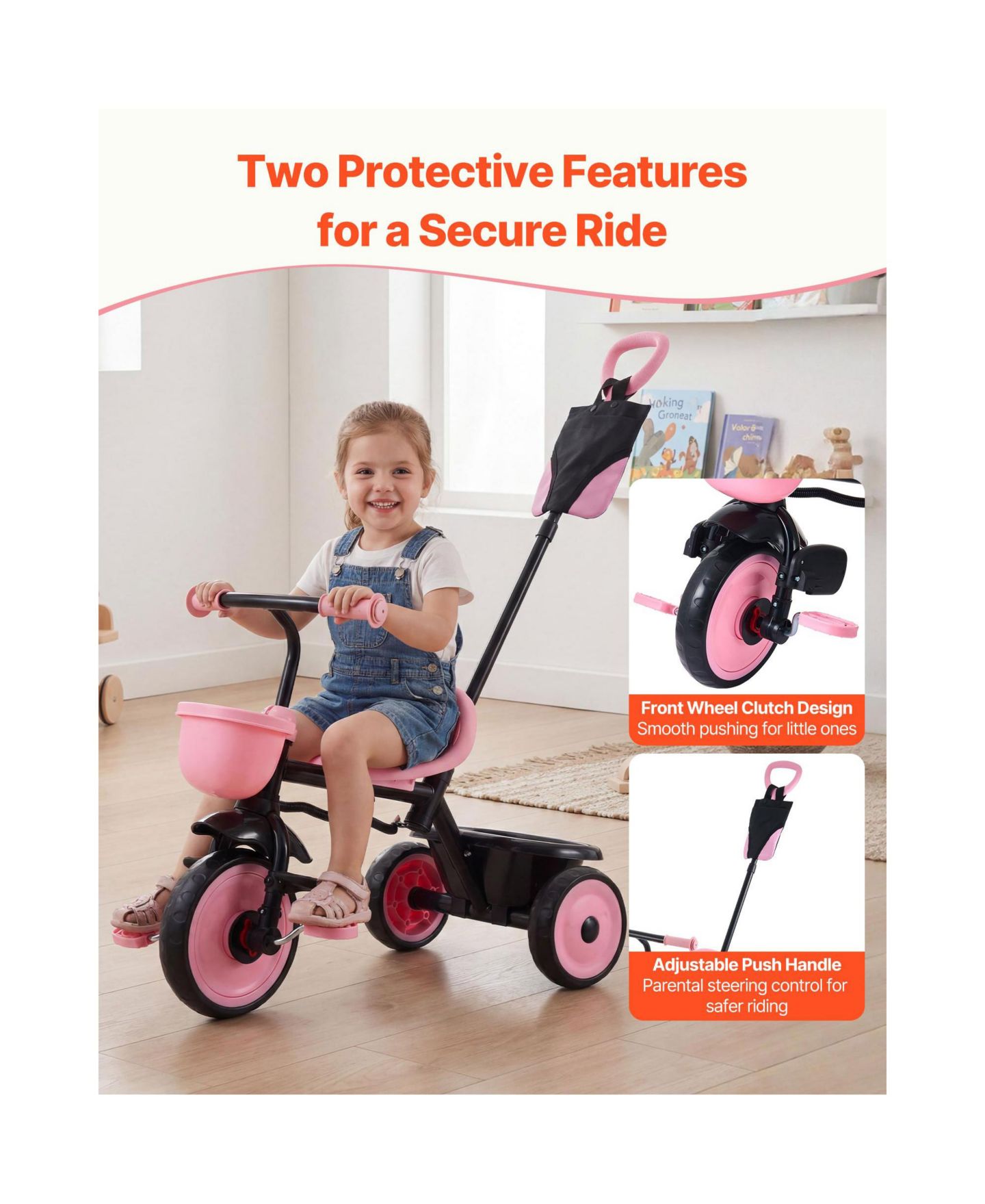Детская игрушка HONGGE 2-Mode Toddler Tricycle and Stroller Combo with Parent Push Handle and Adjustable Seat, Up to 55 lbs, Ages 18 Months to 5 Years, цвет: Розовый — фото 9