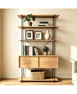 5-Tier Industrial Bookshelf with Cabinet, Wood Color and Metal Bookcase for Home Office Living Room