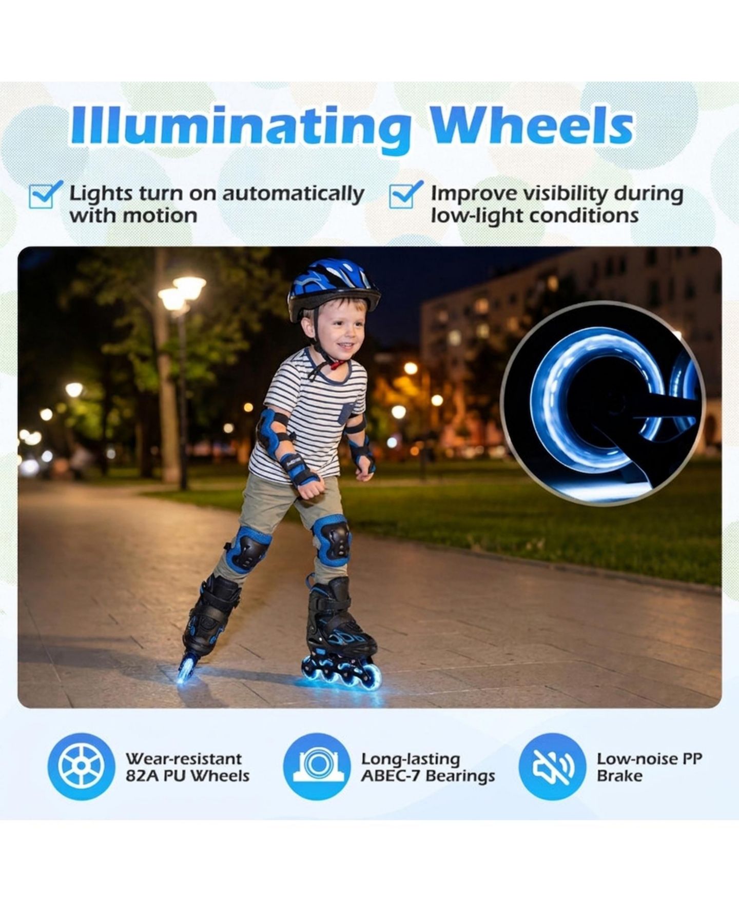 Детские игрушки HONGGE Adjustable Kids Inline Skates, US 10C-13C, Triple Safety Closure, Illuminating Wheels, Ages 5-7, цвет: Чёрный / Синий — фото 6