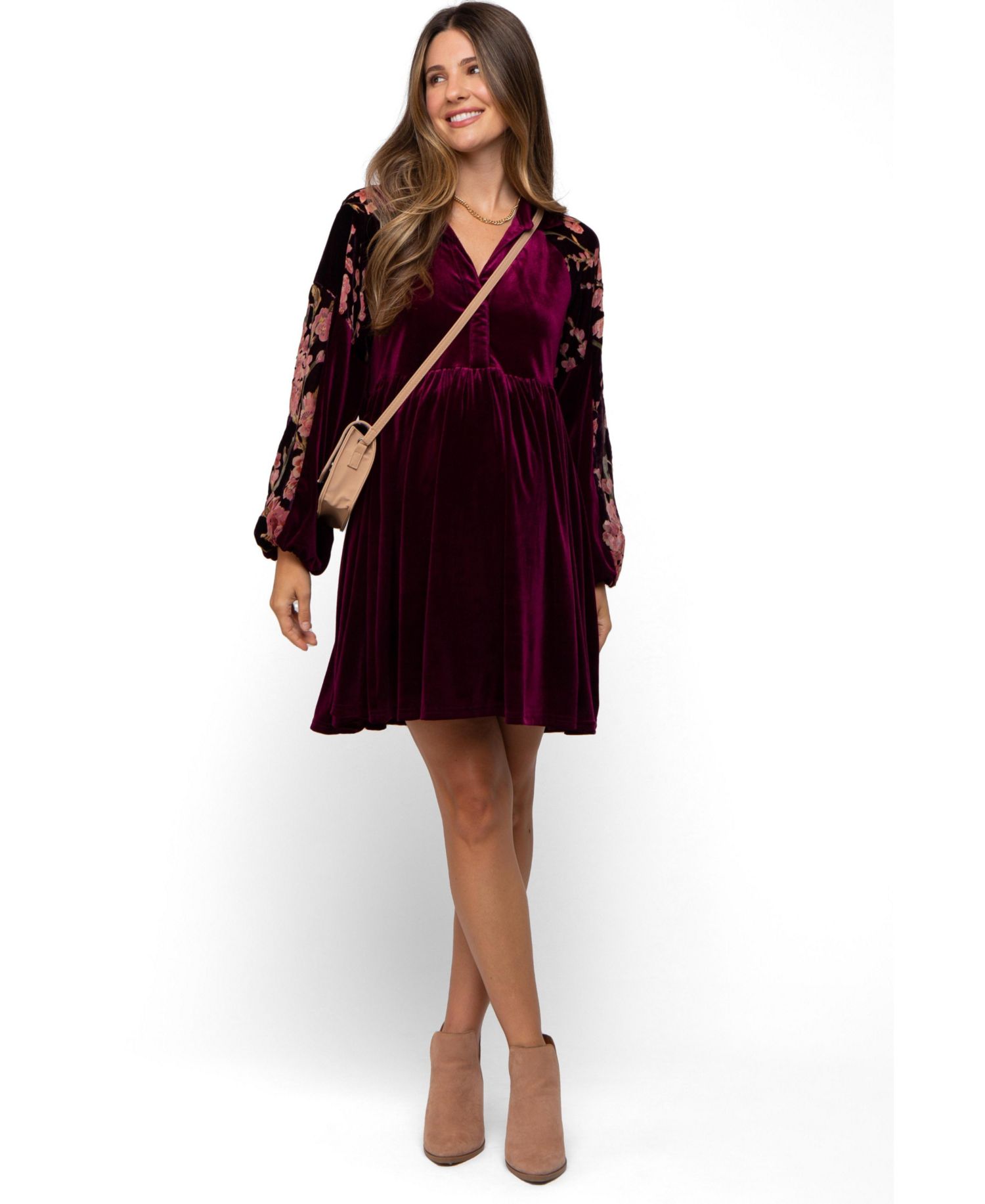 Maternity Velvet Floral Long-Sleeve Dress