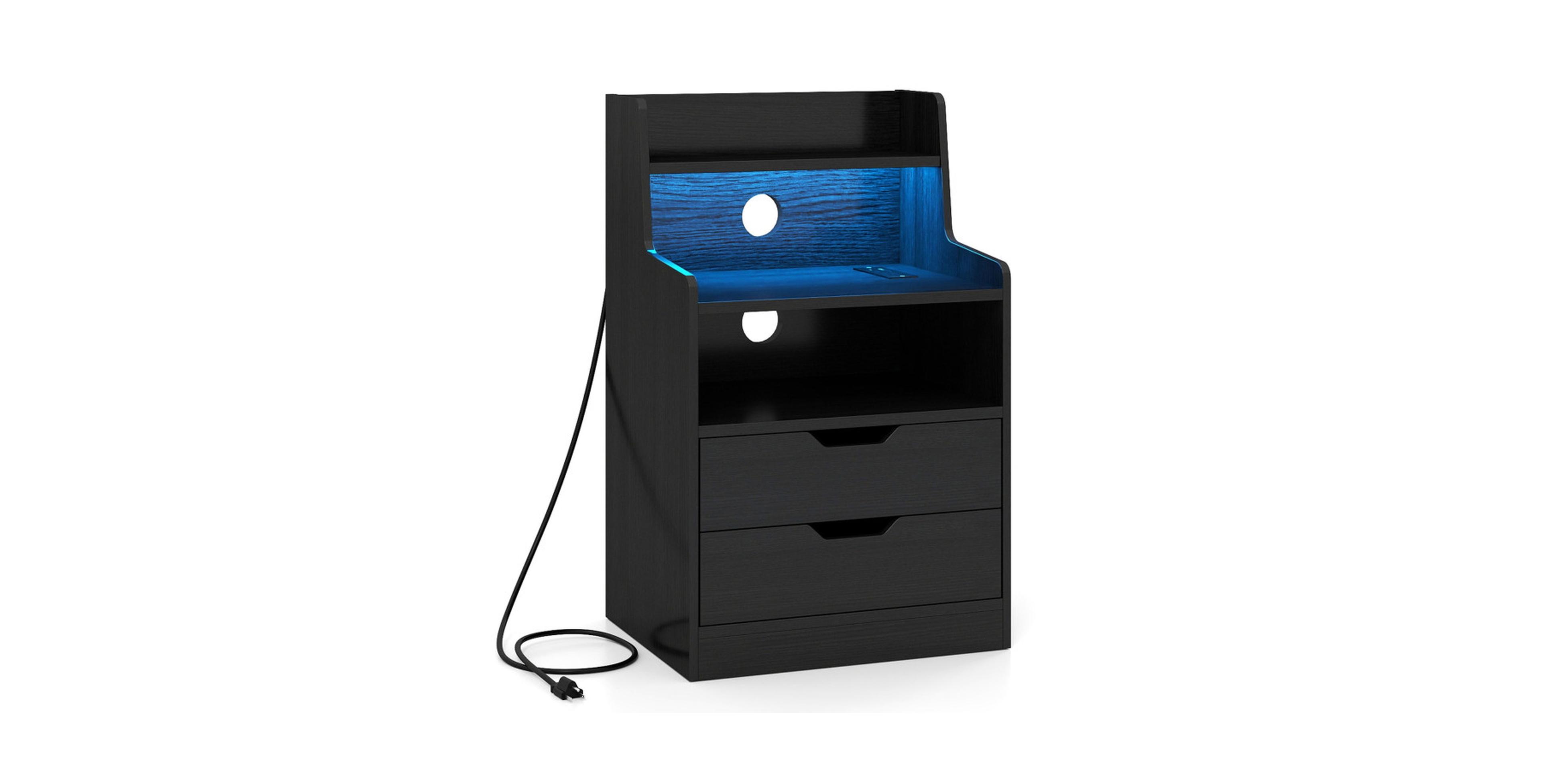 Sugift Led Nightstand with Rgb Lighting Charging Station and 2 Drawers