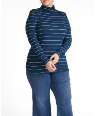 Plus Size Fine-Rib Striped Turtleneck