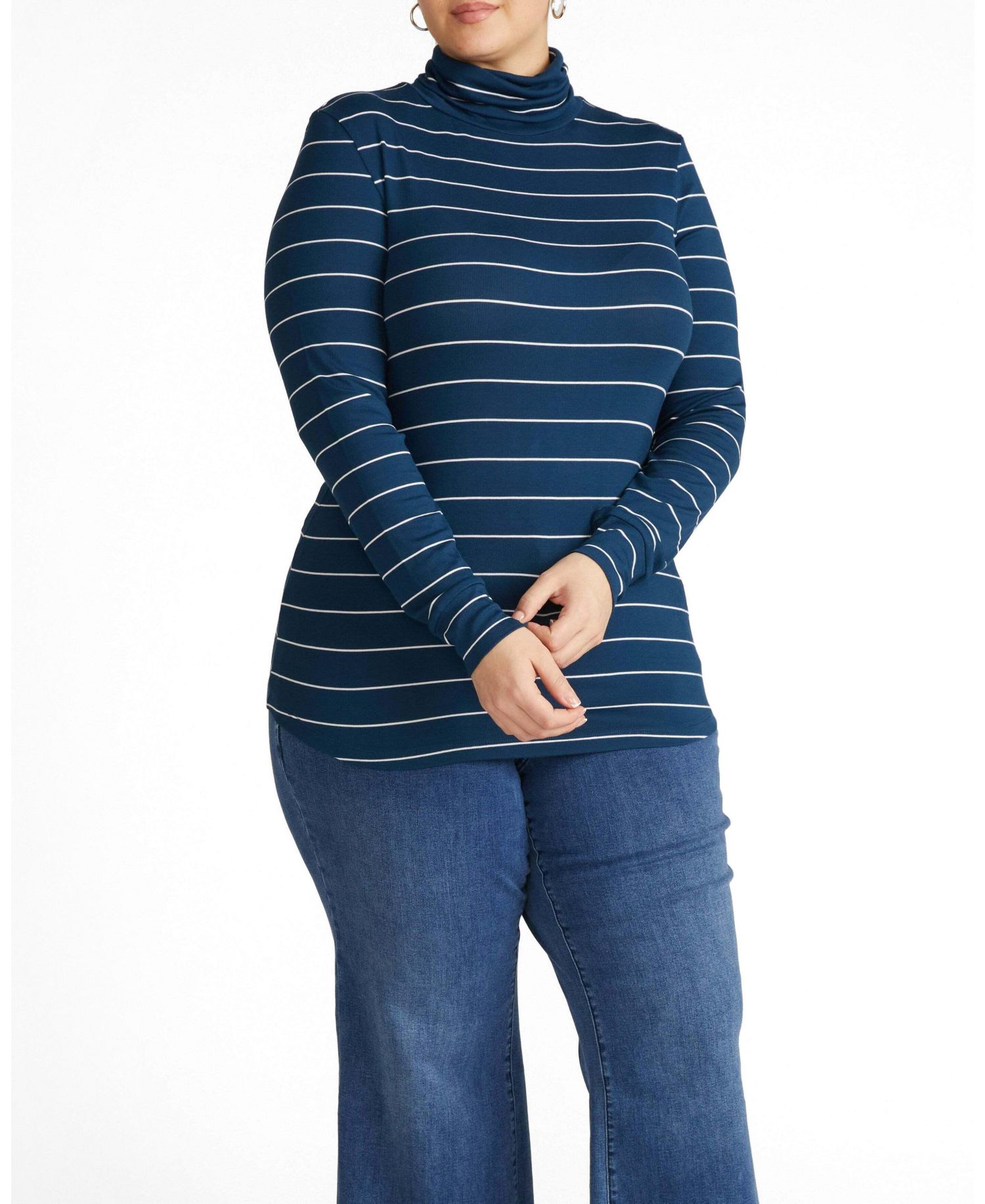 Plus Size Fine-Rib Striped Turtleneck