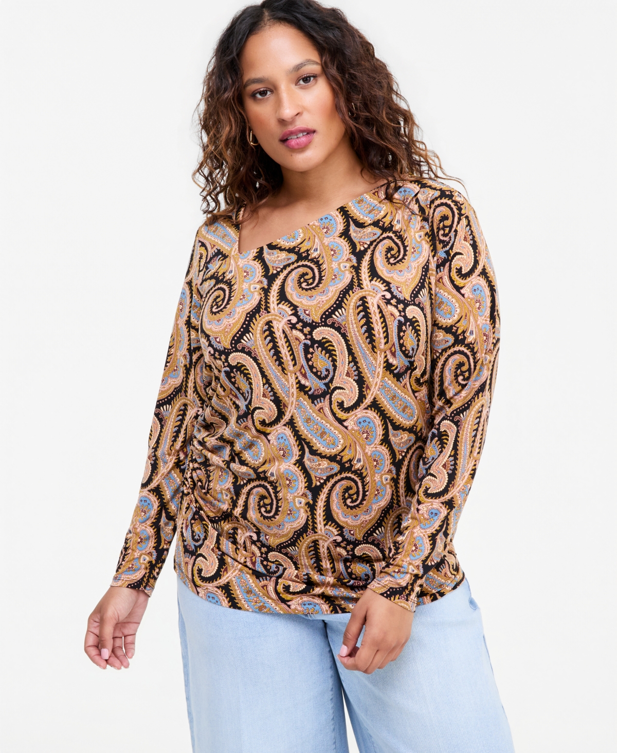 I.n.c. International Concepts Plus Long-Sleeve Paisley Asymmetrical Neck Blouse, Macy's Exclusive