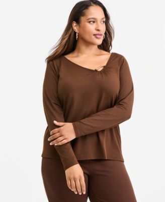 Plus Size Hardware Scoop Neck Long-Sleeve Blouse