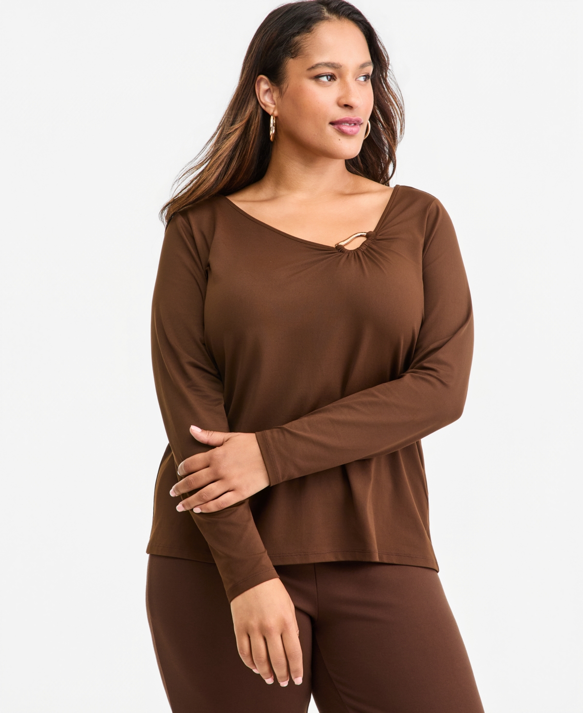 I.n.c. International Concepts Plus Hardware Scoop Neck Long-Sleeve Blouse, Macy's Exclusive