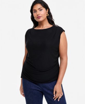 Plus Size Mesh Boat Neck Ruched Tank