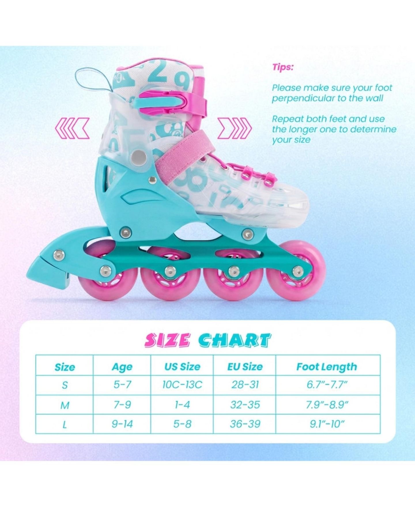 Детские игрушки HONGGE 4-Size Adjustable Inline Skates with Light-Up Wheels, Ages 7-9, цвет: Синий / Розовый — фото 3