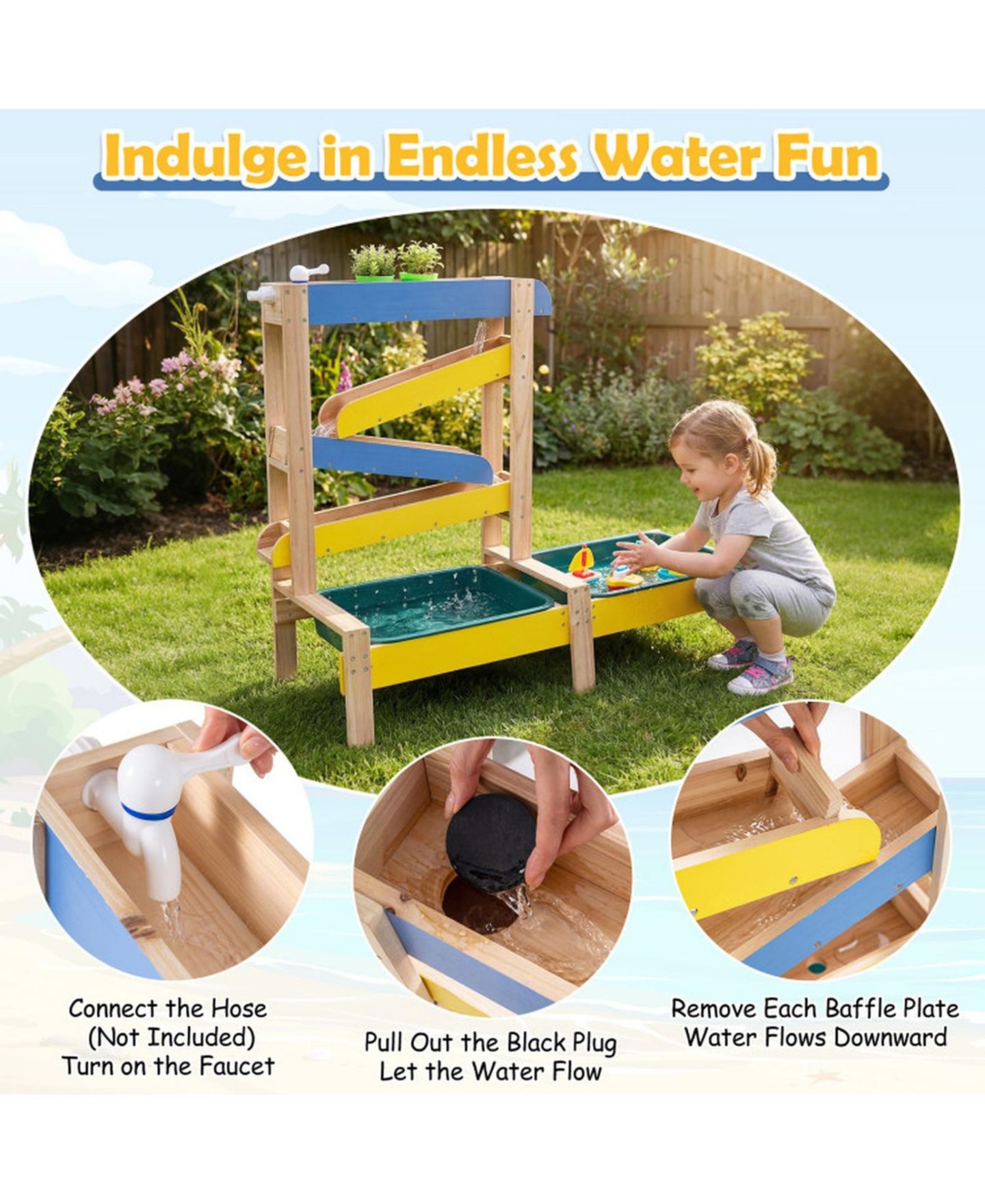 Детская игрушка HONGGE 3-in-1 Toddler Splinter-Free Fir Wood Dual-Basin Sand and Water Table, Ages 3+, цвет: Натуральный — фото 9