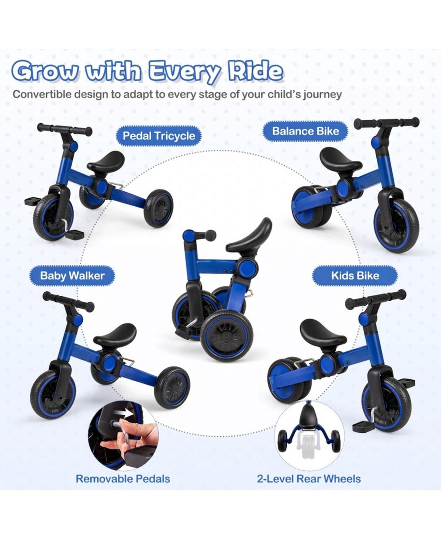 Детская игрушка HONGGE 5-in-1 Toddler Balance Bike with Removable Pedals and Adjustable Handlebar, 66 lb. Capacity, Ages 2-4, цвет: Синий — фото 8