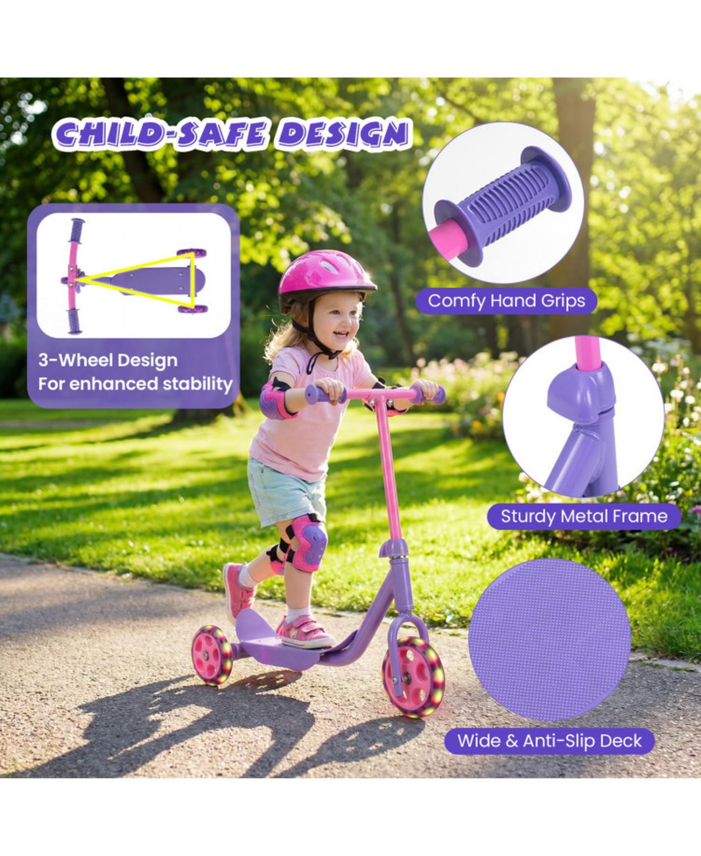 Детская игрушка HONGGE 3-Wheel Kids Scooter with LED Light-Up Wheels, Ages 2+, цвет: Фиолетовый — фото 4