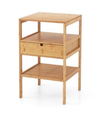 Bamboo Nightstand with Slatted Open Shelves and Storage Drawer
