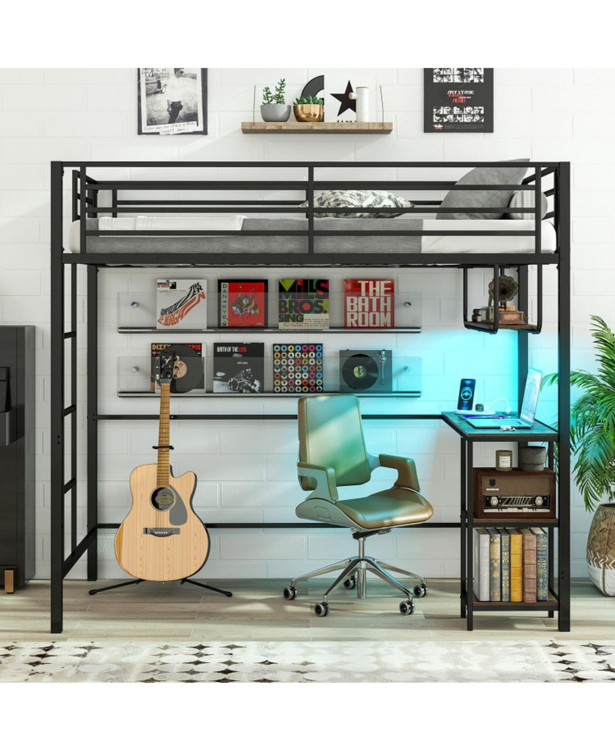 Sugift Twin Size Metal Loft Bed with Desk Led Lights and Charging Station