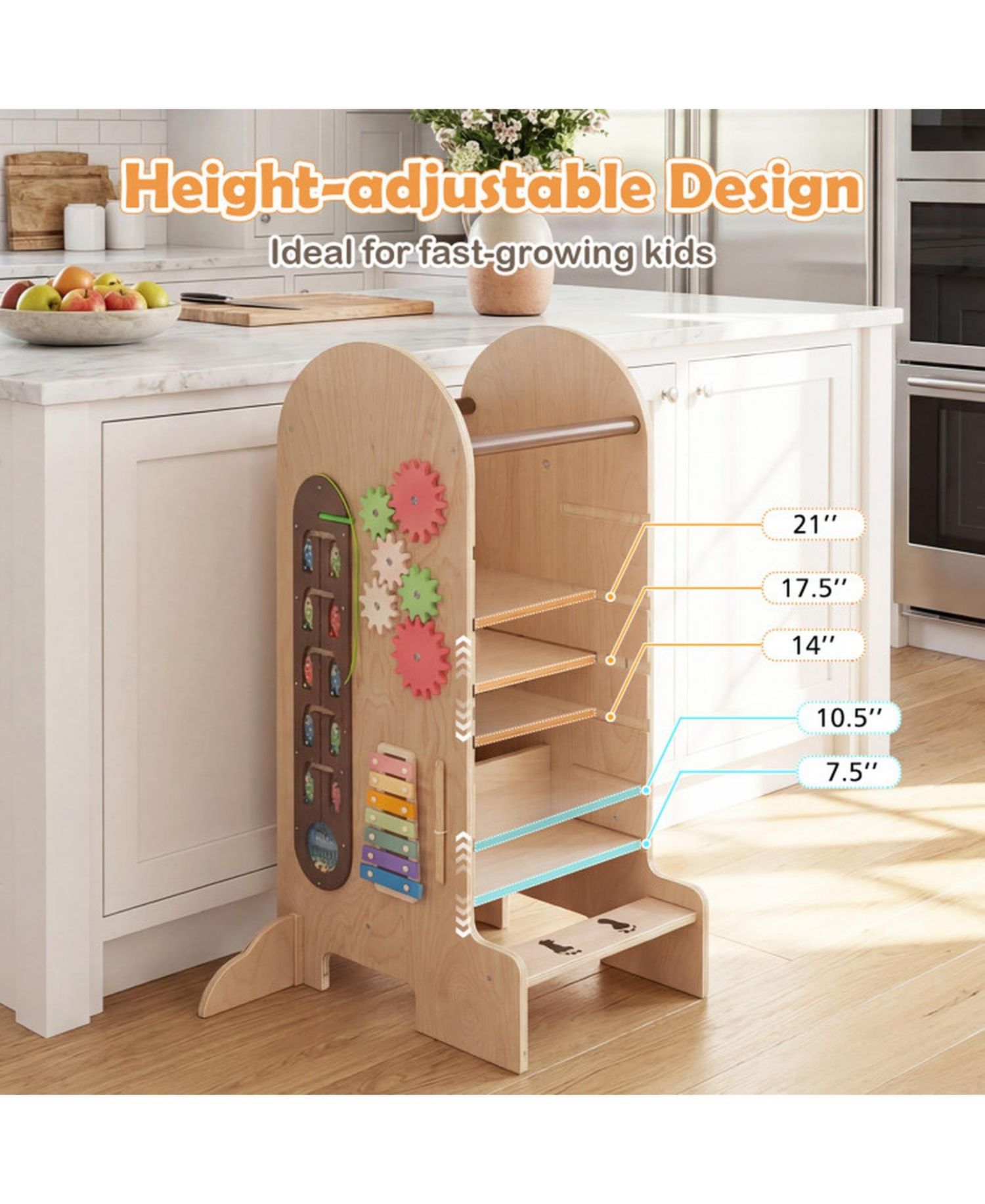 Kids 4-in-1 Adjustable Standing Tower with Chalkboard Slide and Montessori Games