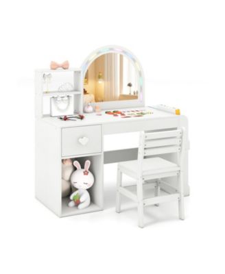 Kids Vanity Desk and Chair Set with LED-Lit Mirror and Multi-Tier Storage Shelves