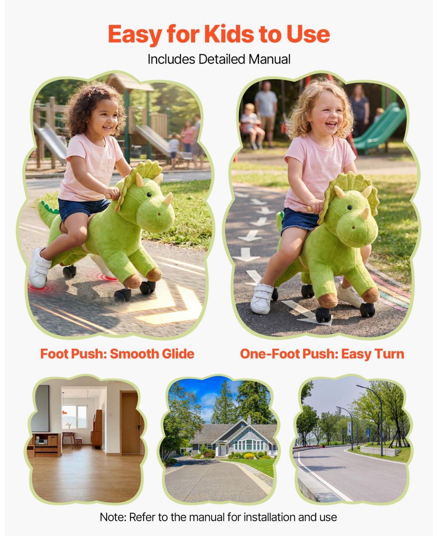 Детская игрушка HONGGE Kids Ride-On Dinosaur Toy with 360 Degree Caster Wheels, 88 lb Capacity, Ages 3+, цвет: Зелёный — фото 4