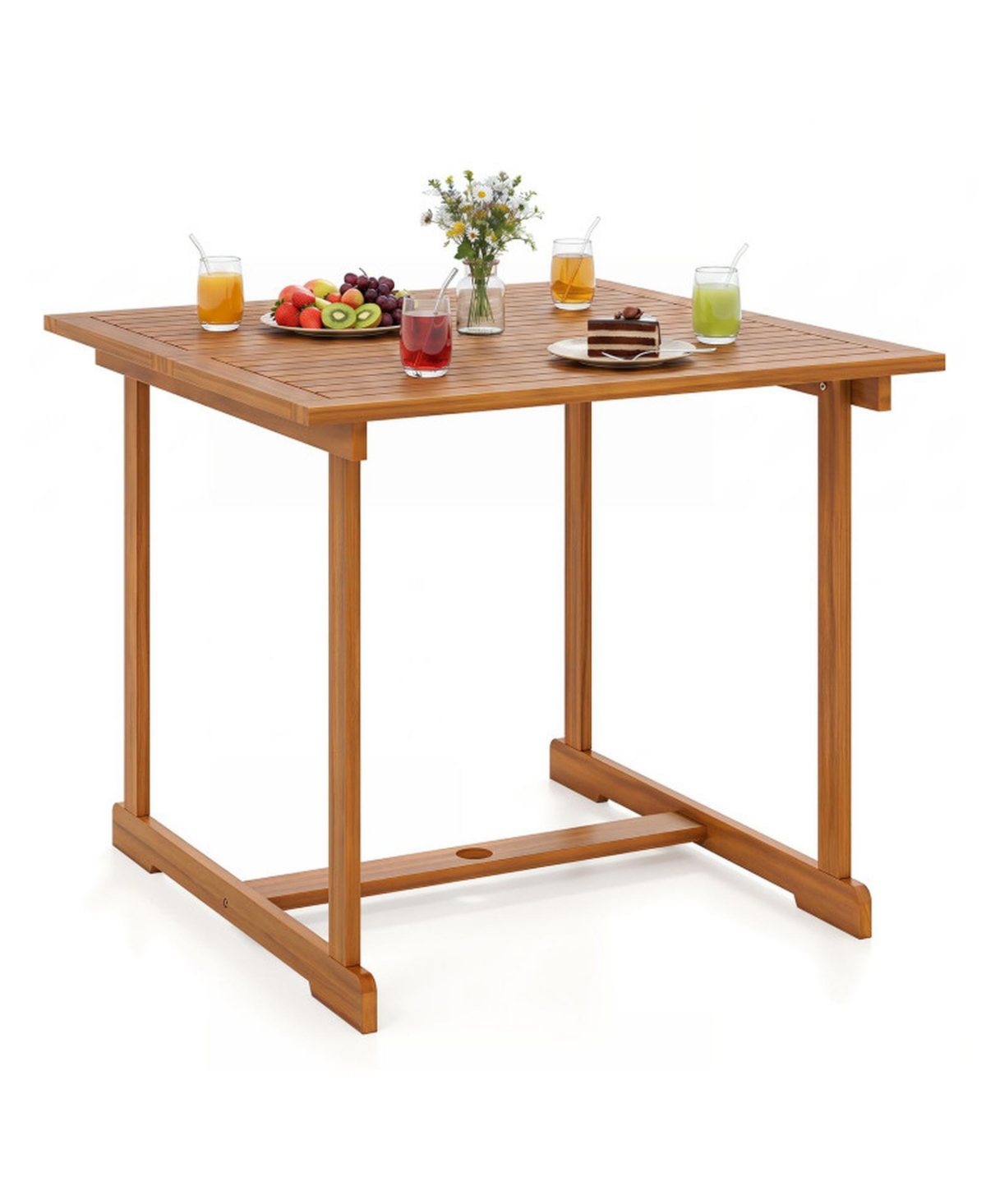 Sugift 35.5-Inch Acacia Wood Outdoor Dining Table with Umbrella Hole for 4