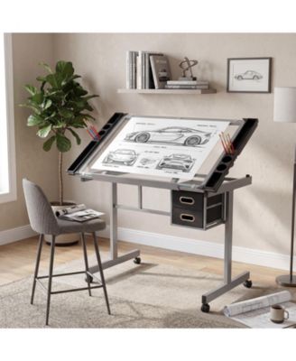 Adjustable Glass Drafting Desk with Wheels and Storage Drawers, 0-65degree(s) Tilting Art Table for Home Office