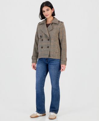 Juniors' Double-Breasted Plaid Notch-Collar Pea Coat