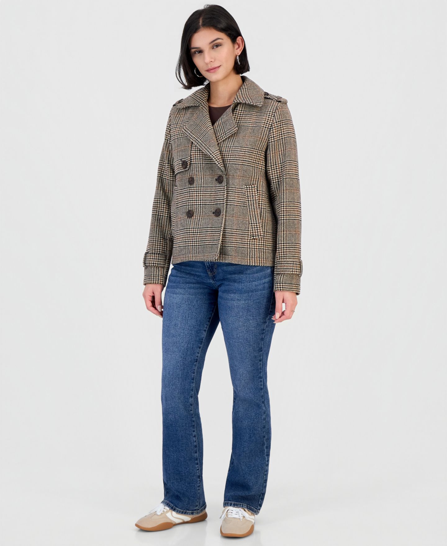 Женское пальто BCX Juniors' Double-Breasted Plaid Notch-Collar Pea, цвет: Коричневый / Чёрный — фото 1