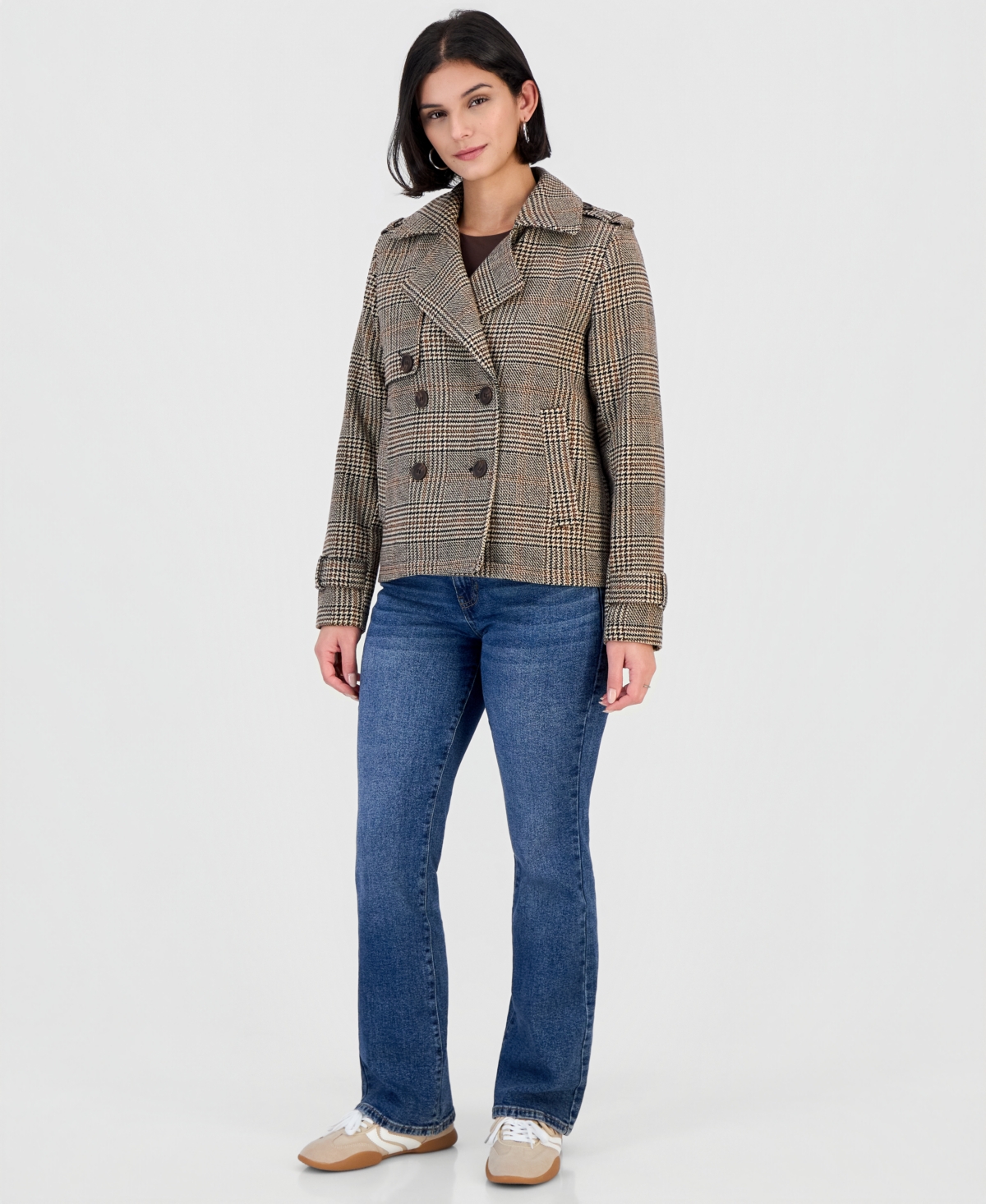Bcx Juniors' Double-breasted Plaid Notch-collar Pea Coat In Brown,black