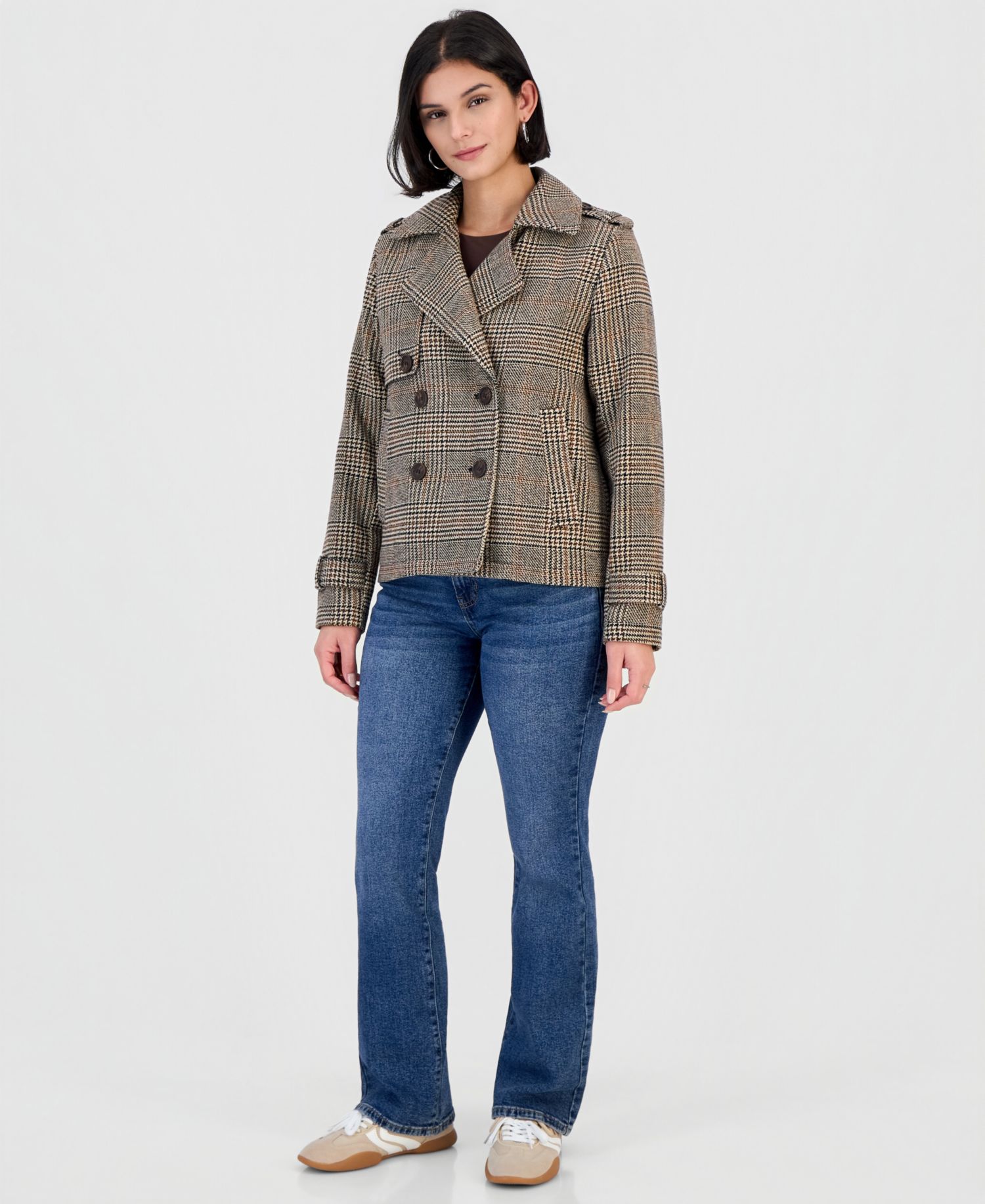 Juniors' Double-Breasted Plaid Notch-Collar Pea Coat