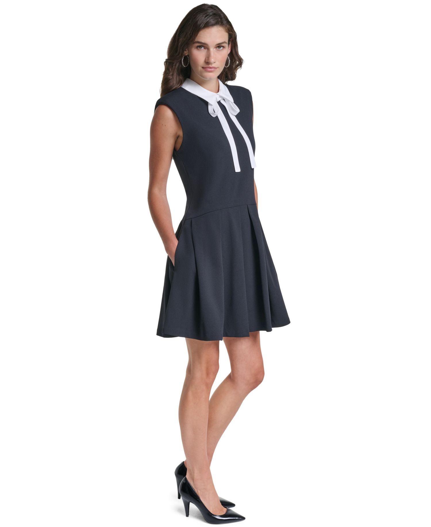 Women's Scuba Crepe A-Line Pleated Collared Dress