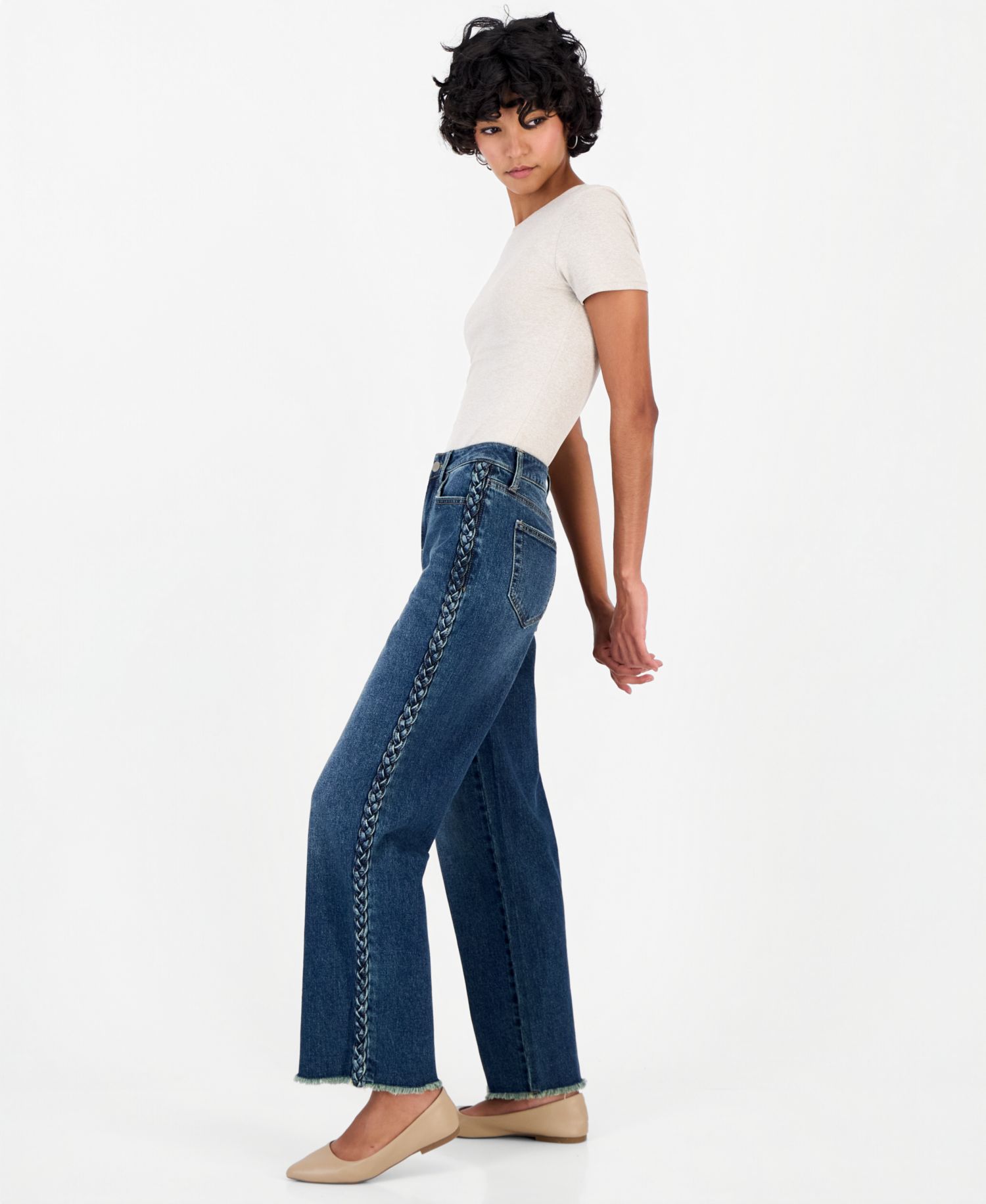 Petite Side-Braid Straight-Leg Jeans