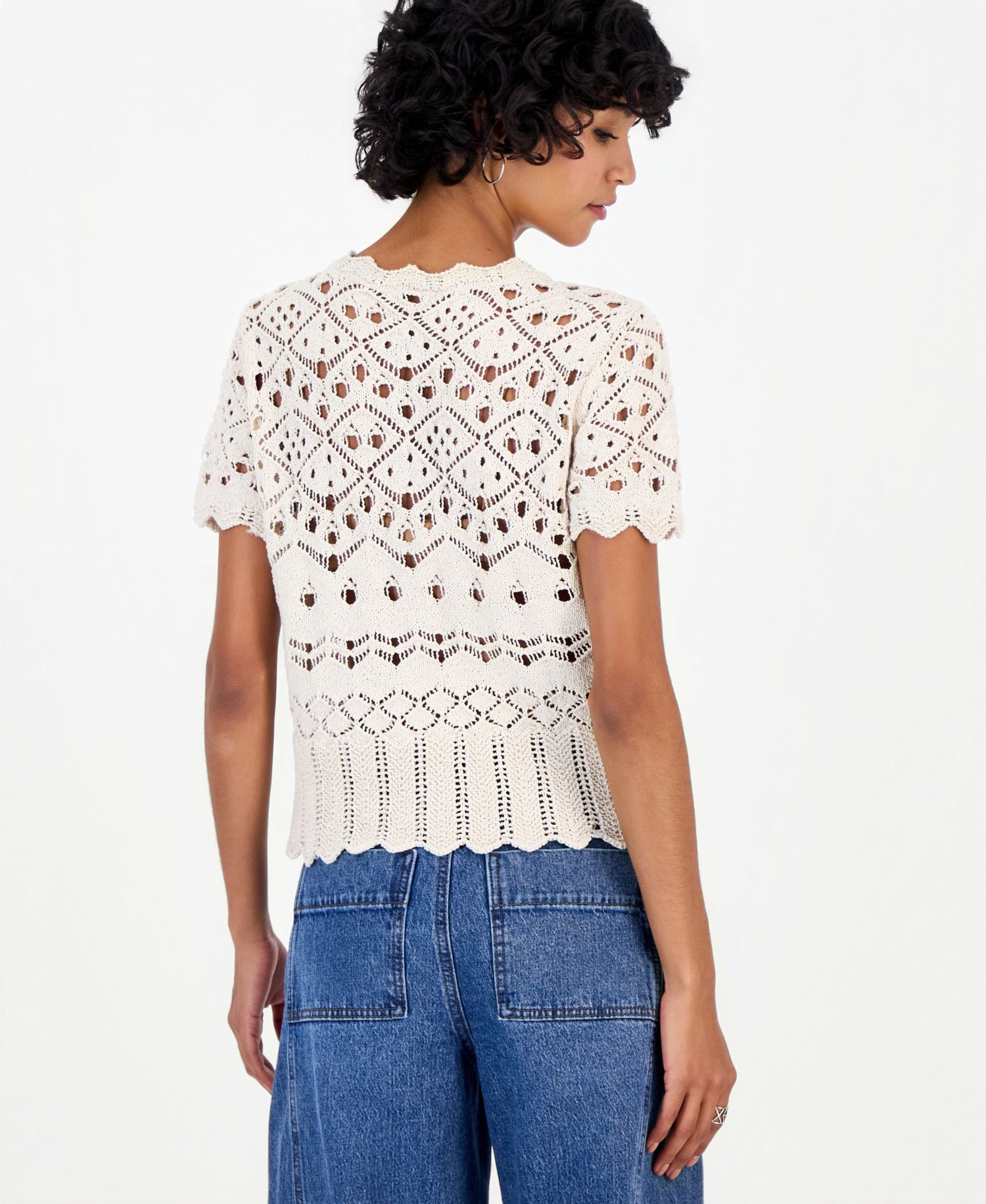 Petite Pointelle Short-Sleeve Scalloped-Trim Cardigan