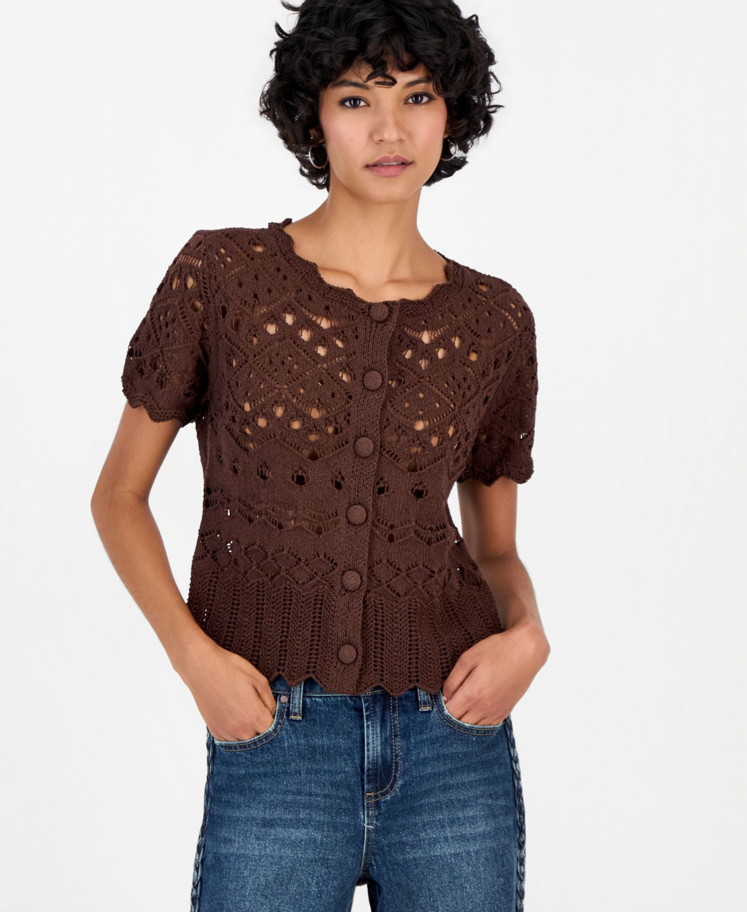 Petite Pointelle Short-Sleeve Scalloped-Trim Cardigan