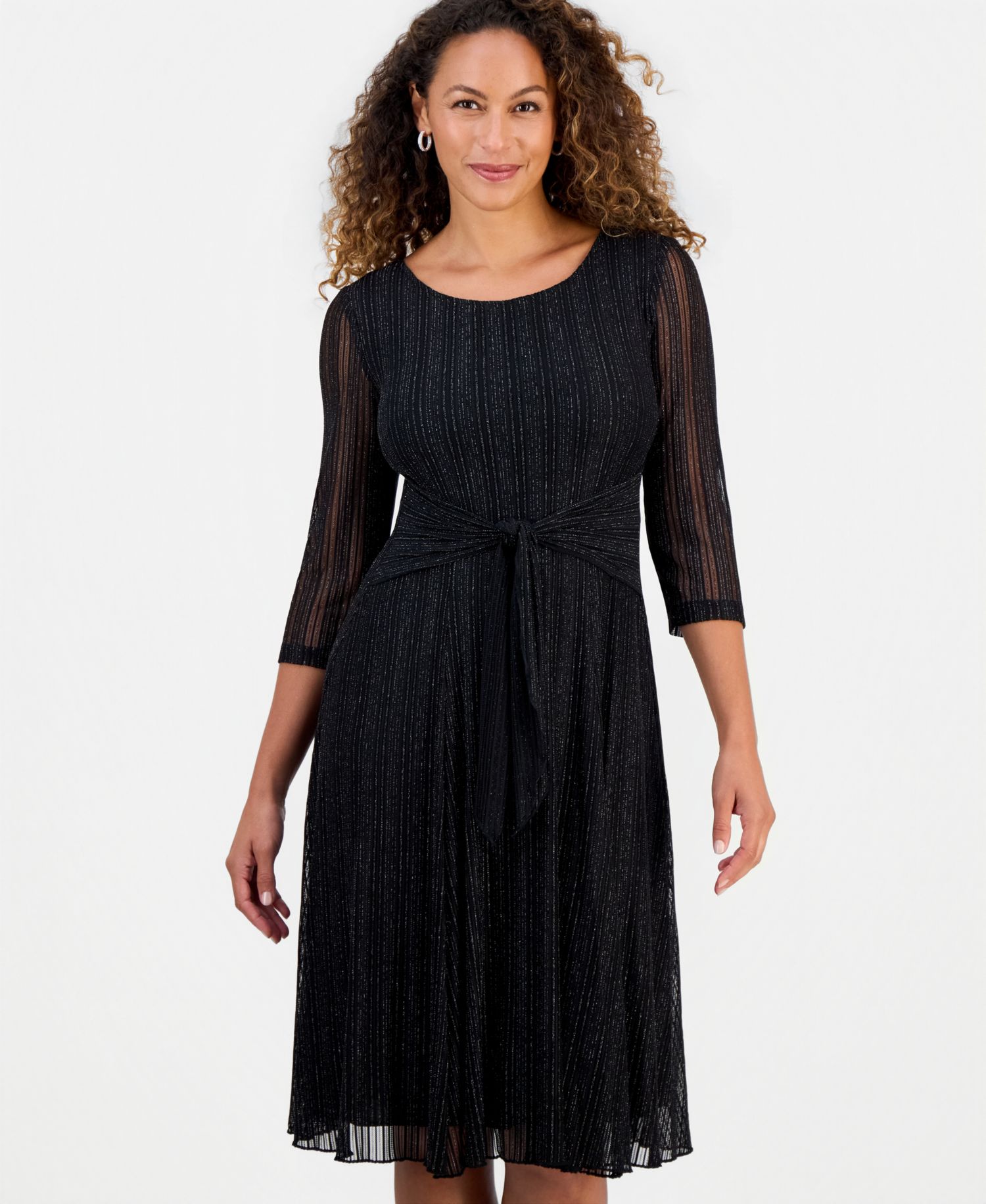 Petite Mesh Tie-Waist 3/4-Sleeve Midi Dress