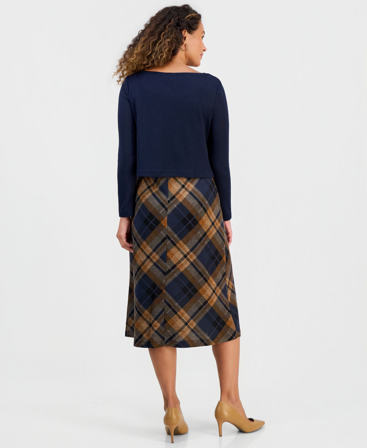 Petite Plaid Skirt Twofer Long-Sleeve Midi Dress