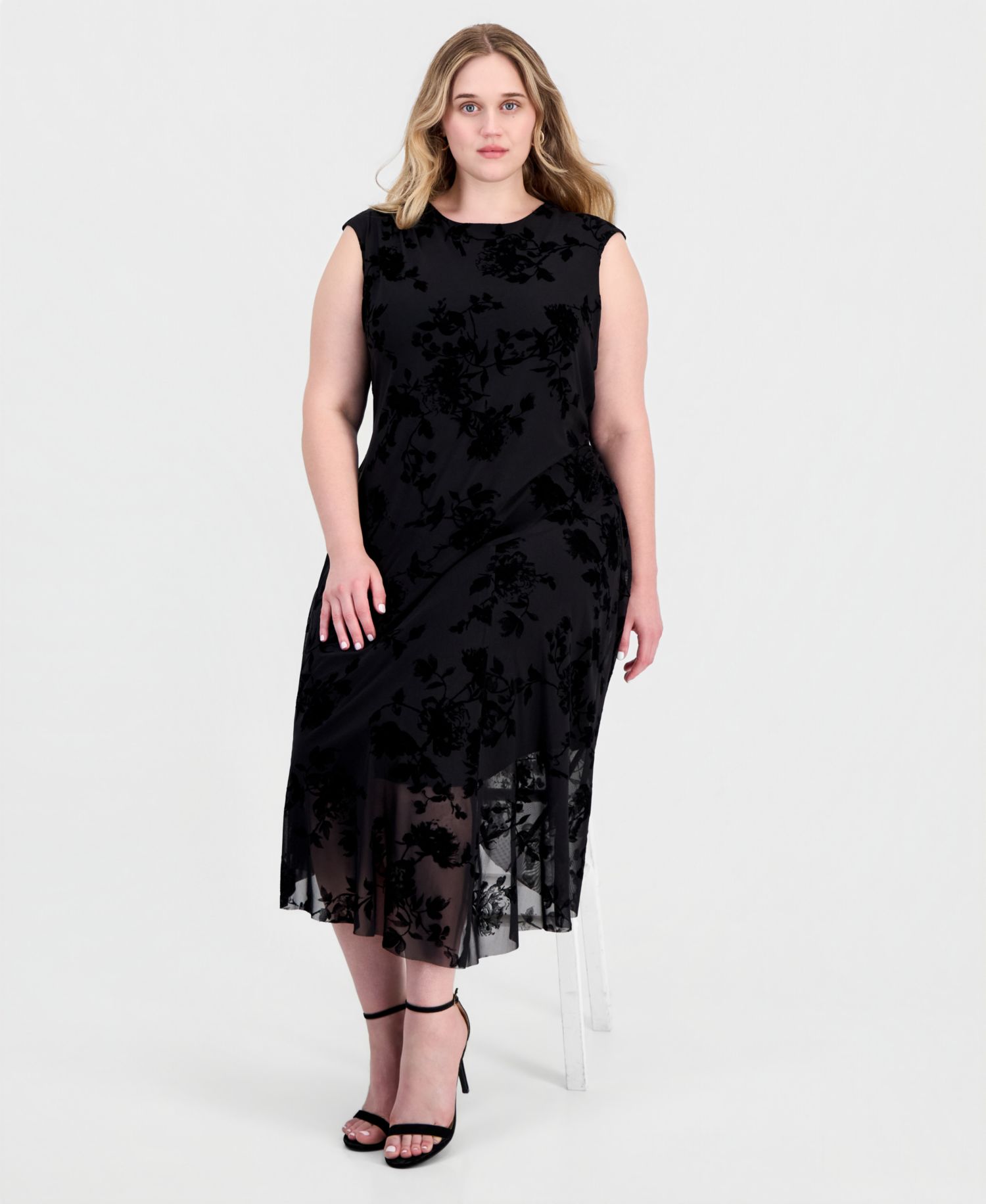 Petite Flocked Velvet Hankie Midi Dress