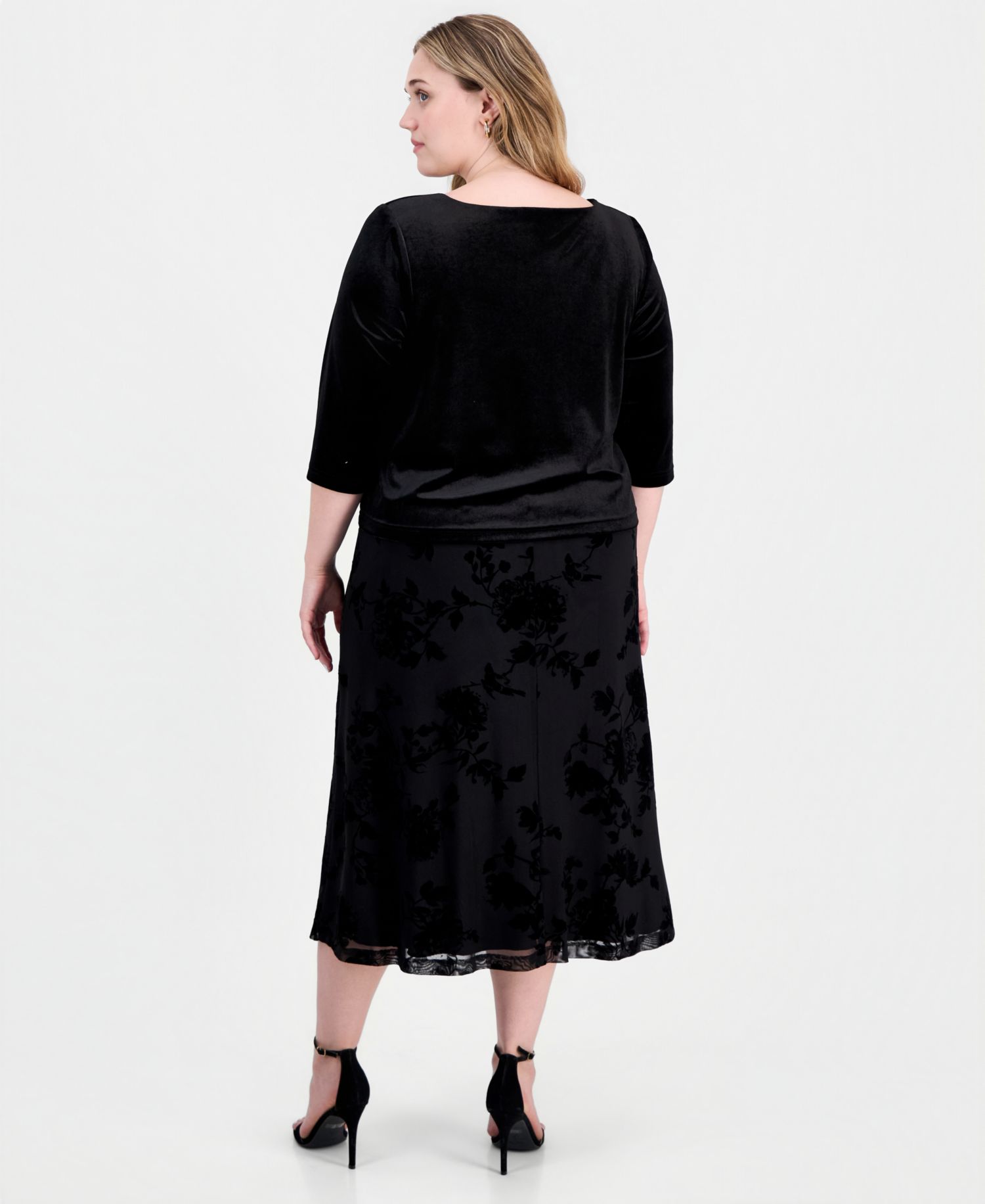 Plus Size A-Line Midi Knit Top and Velvet Skirt, 2-Piece Set