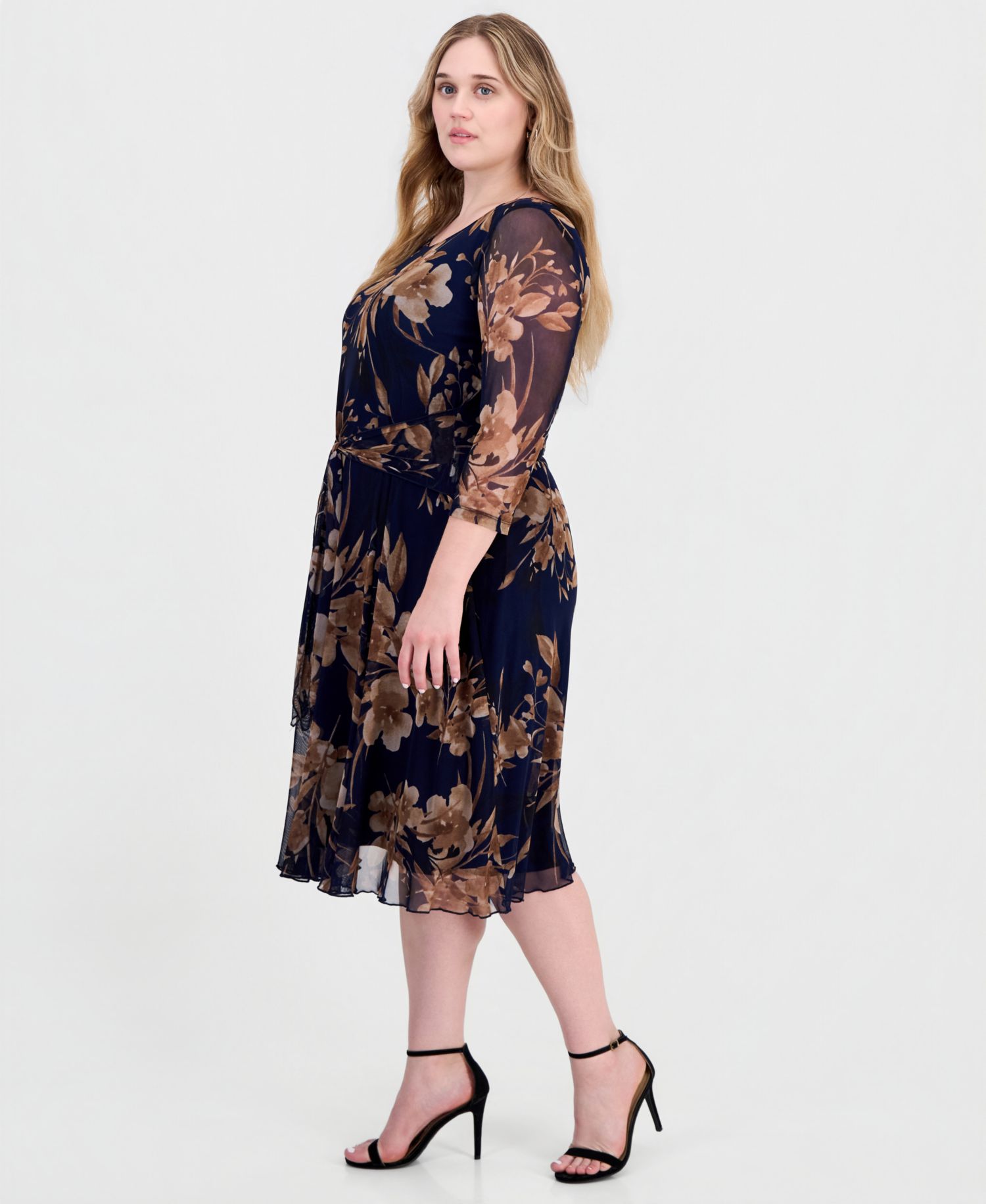 Plus Size Printed 3/4-Sleeve Fit & Flare Dress