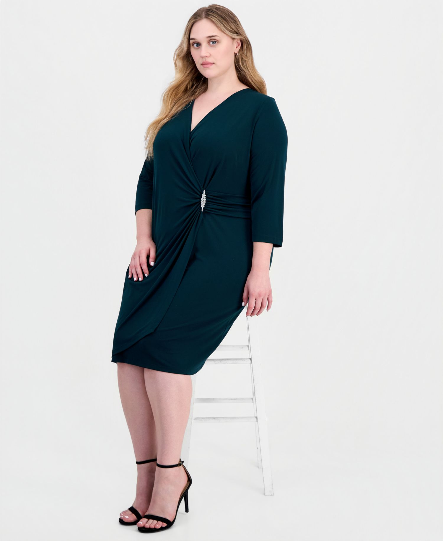 Petite Solid Jersey Mock Wrap V-Neck 3/4 Sleeve Dress
