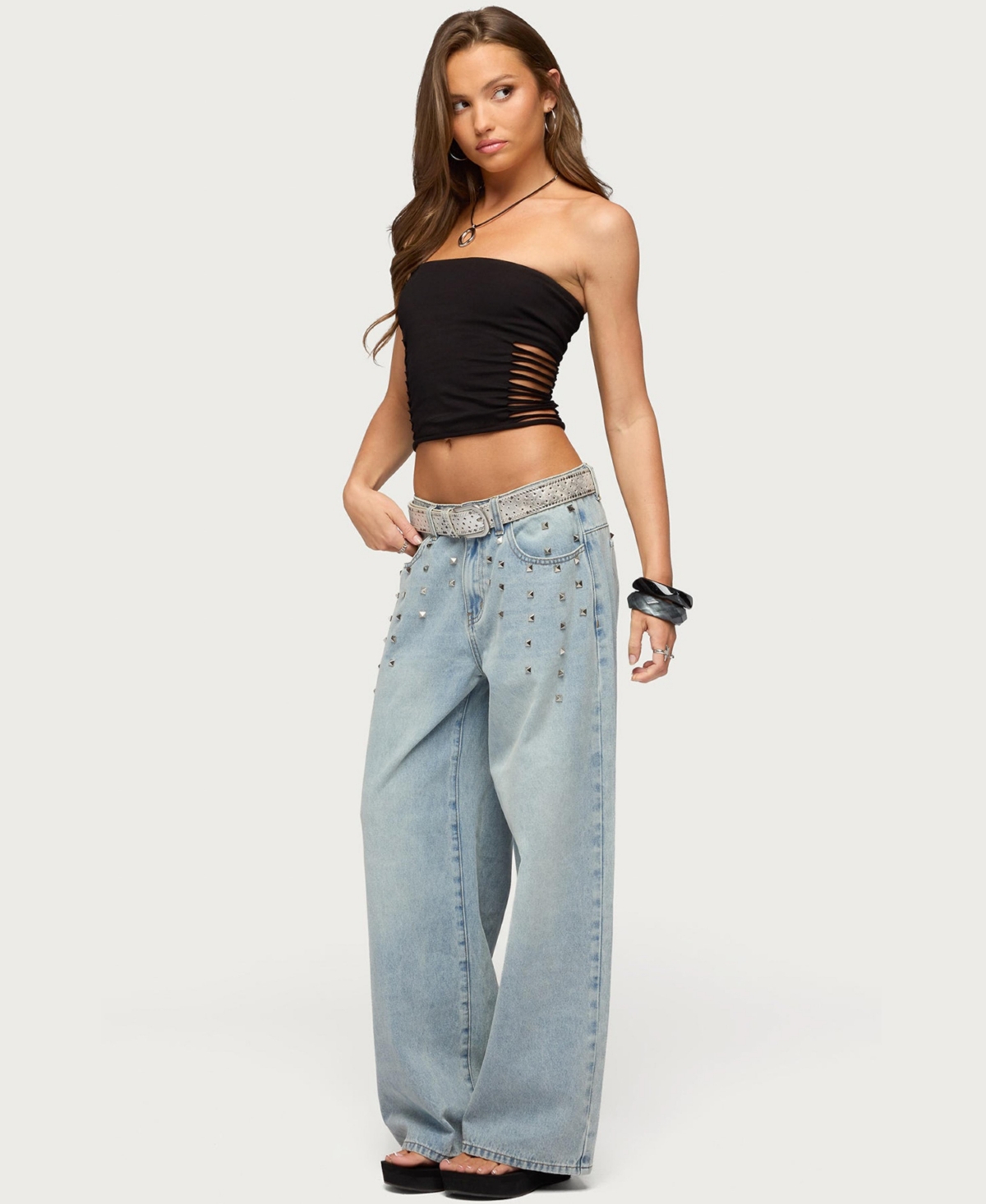 Edikted Women's Oaklee Studded Low Rise Baggy Jeans