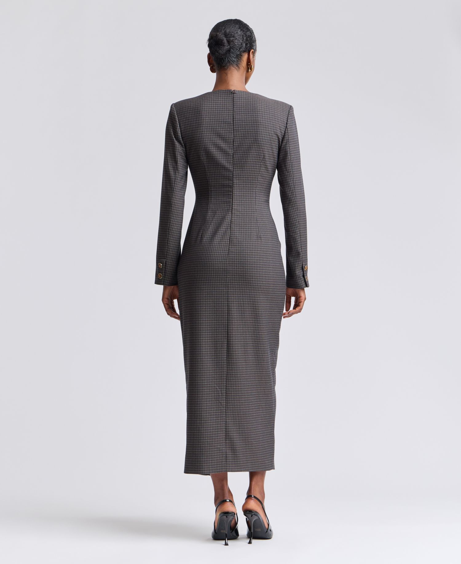 Women's Plaid Long-Sleeve Double-Breasted Midi Dress
