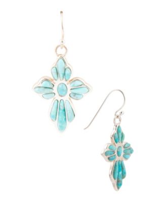 Blue Turquoise Cross Silver Drop Earrings